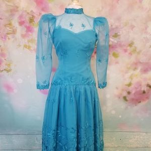 1980s Excellent Condition Lace Mesh Dress with Floral Puff Sleeves